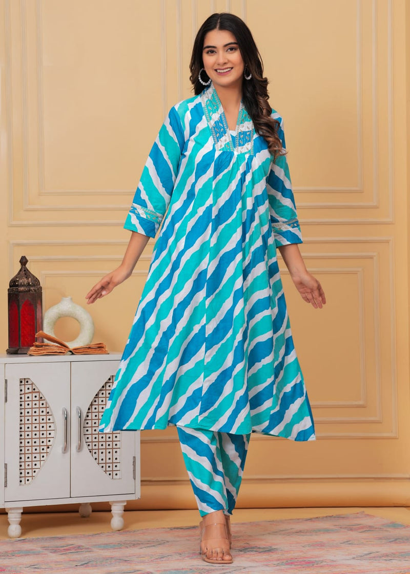 Printed Lehriya With Embroidered Lace Kurta With Bottom Set