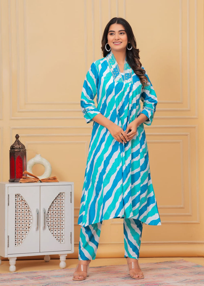 Printed Lehriya With Embroidered Lace Kurta With Bottom Set