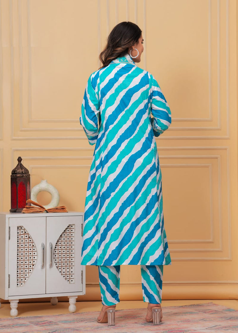 Printed Lehriya With Embroidered Lace Kurta With Bottom Set