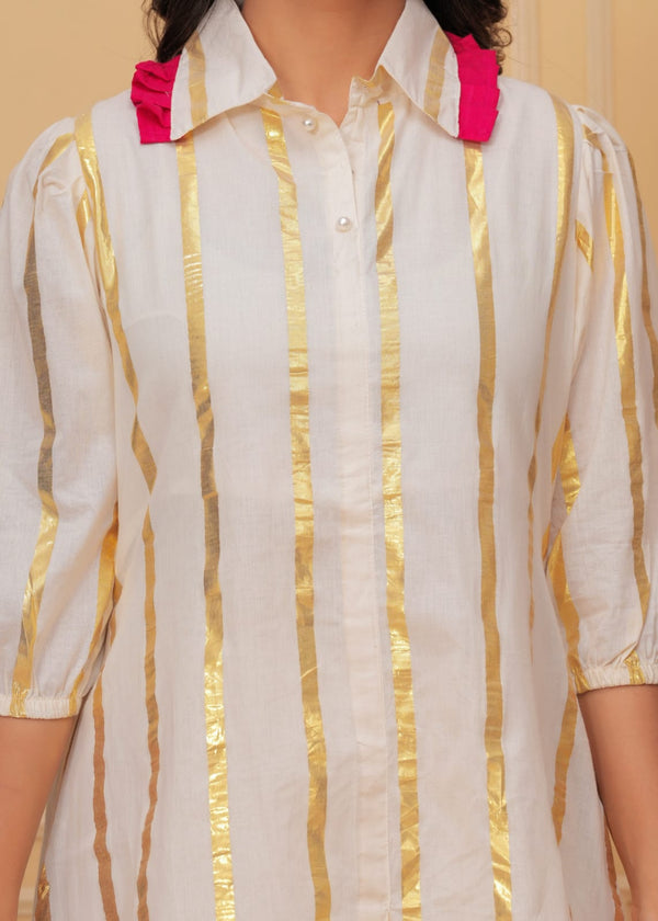 Women's Cotton Golden Thread Collar Kurta Plazzo Set