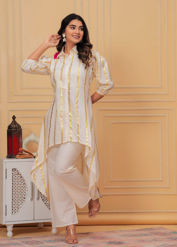 Women's Cotton Golden Thread Collar Kurta Plazzo Set