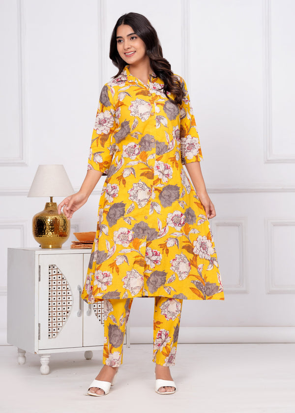 Floral Printed Shirt Collar A-Line Pure Cotton Kurta with Trousers