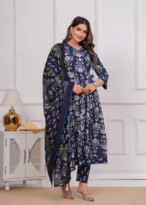 Women Cotton Printed Anarkali Kurta Pant & Dupatta Set