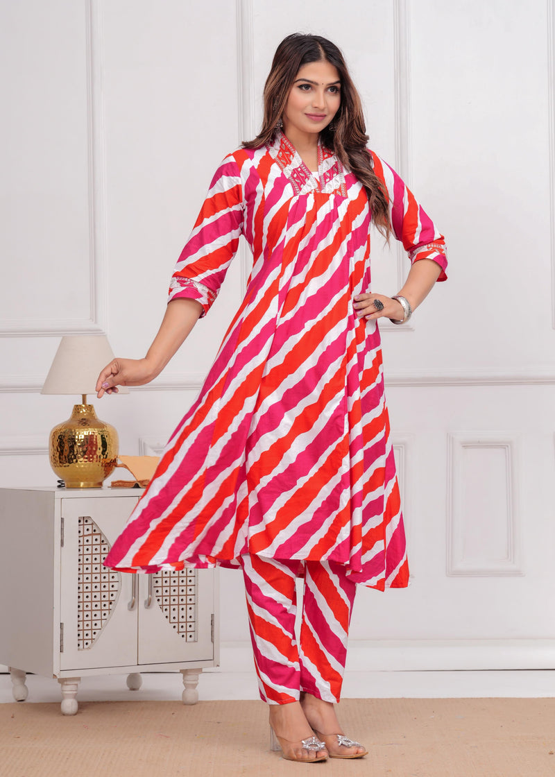 Printed Lehriya With Embroidered Lace Kurta With Bottom Set