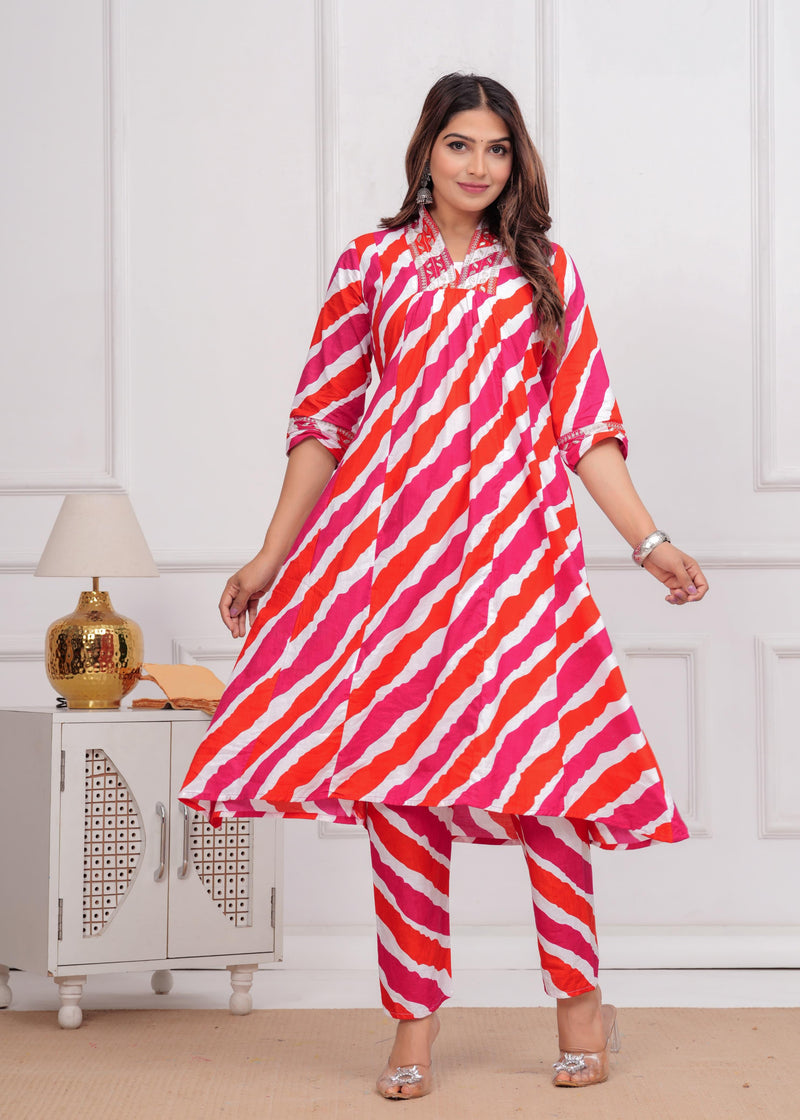 Printed Lehriya With Embroidered Lace Kurta With Bottom Set