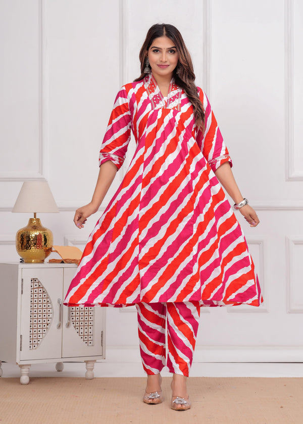 Printed Lehriya With Embroidered Lace Kurta With Bottom Set