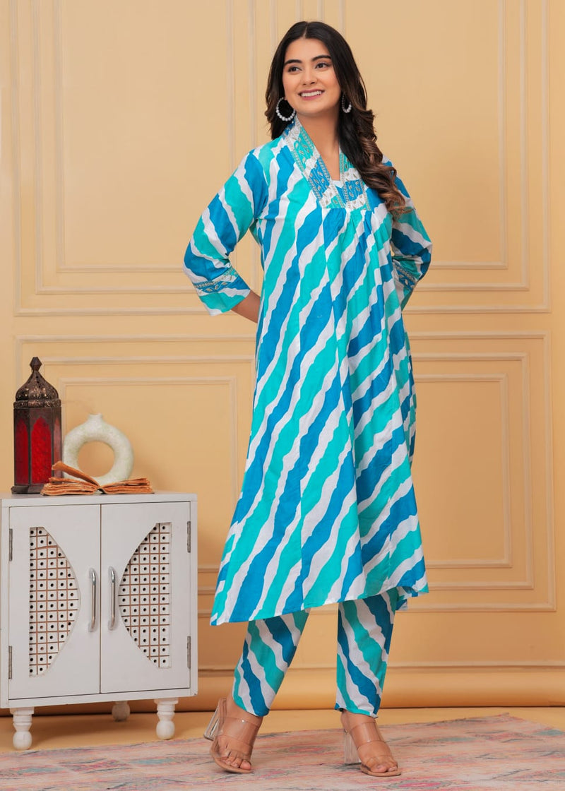 Printed Lehriya With Embroidered Lace Kurta With Bottom Set