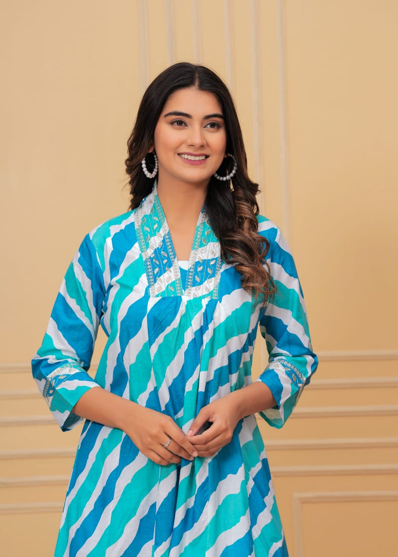 Printed Lehriya With Embroidered Lace Kurta With Bottom Set