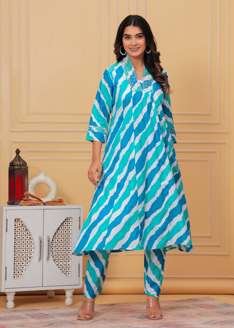 Printed Lehriya With Embroidered Lace Kurta With Bottom Set