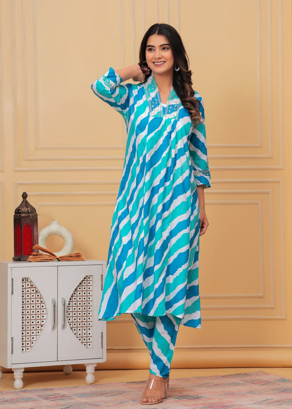 Printed Lehriya With Embroidered Lace Kurta With Bottom Set